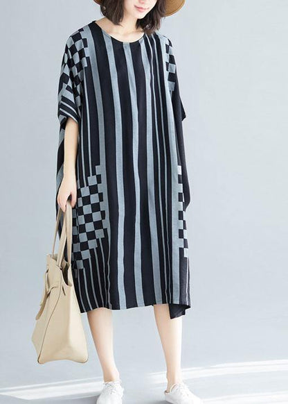 French black striped Cotton dresses o neck asymmetric Art summer Dress