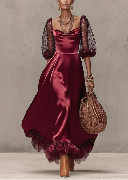 Women Mulberry Patchwork Exra Large Hem Tulle Dinner Dress Lantern Sleeve