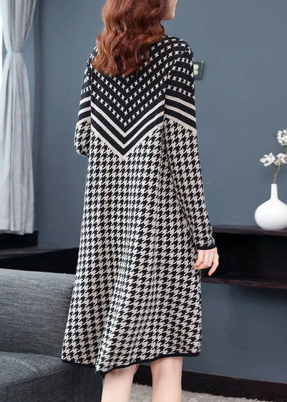 Black White Print Cinch Sweater Dress High Neck Long Sleeve
