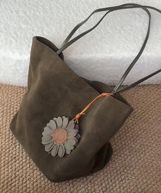 Simple Army Green Large Capacity Drawstring Fine Suede Shoulder Bags
