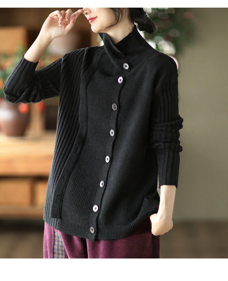 Color-Block Long-Sleeved Knitted Elastic Slim Sweater