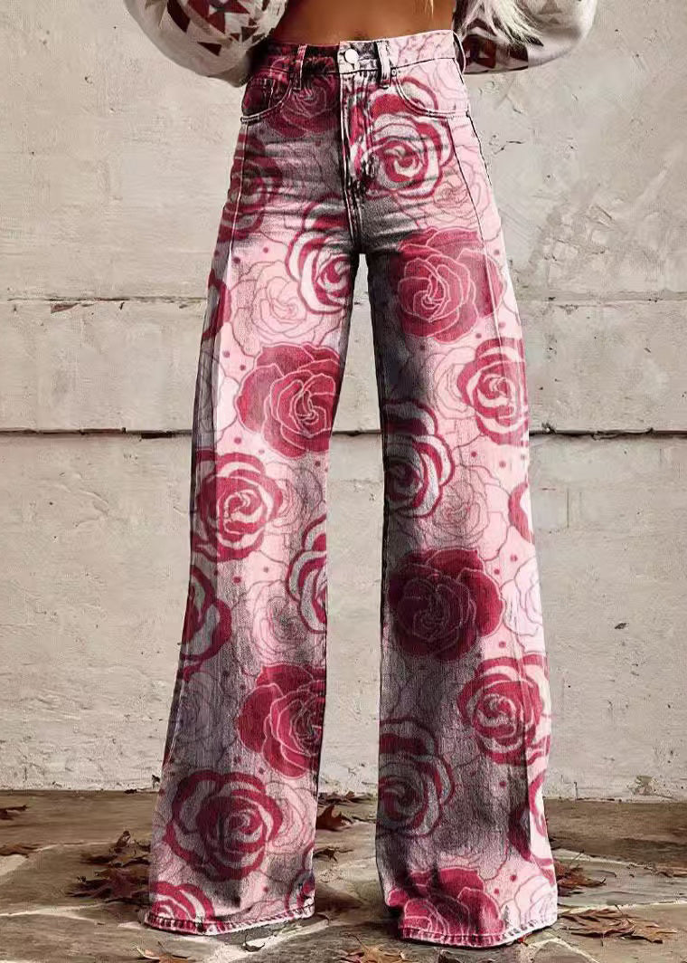 Chic Blue Print Pockets Denim Wide Leg Pants Spring