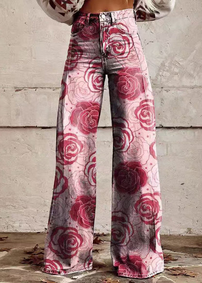 Chic Blue Print Pockets Denim Wide Leg Pants Spring
