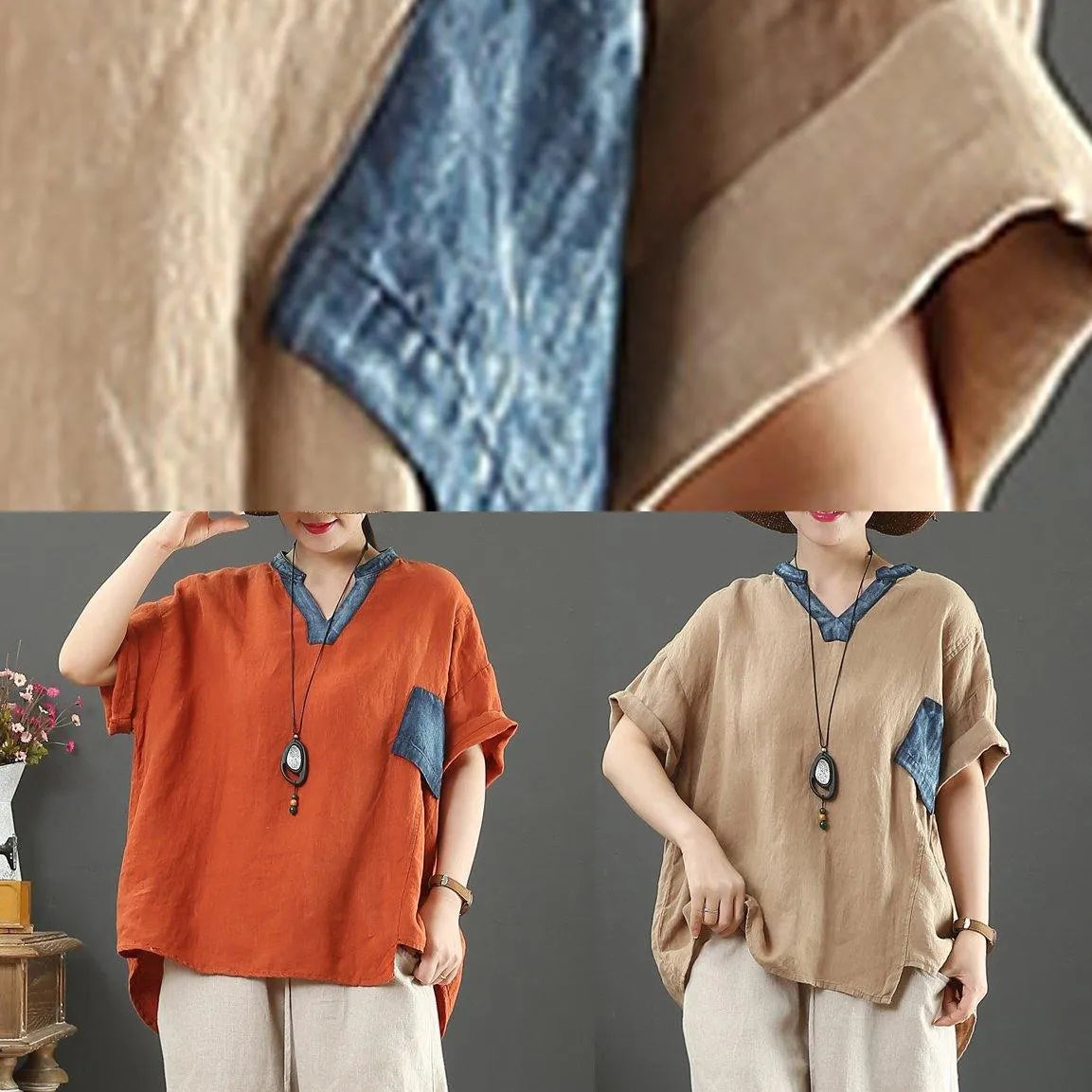 French orange linen tops women v neck pockets silhouette shirt
