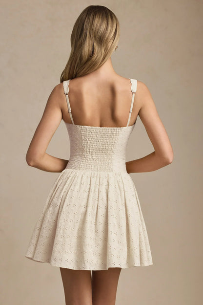 Broderie Anglaise Bow-Detail A-Line Mini Dress In Ivory
