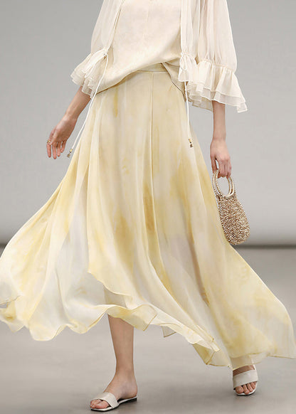 Elegant Yellow Print High Waist Chiffon Maxi Skirts Summer