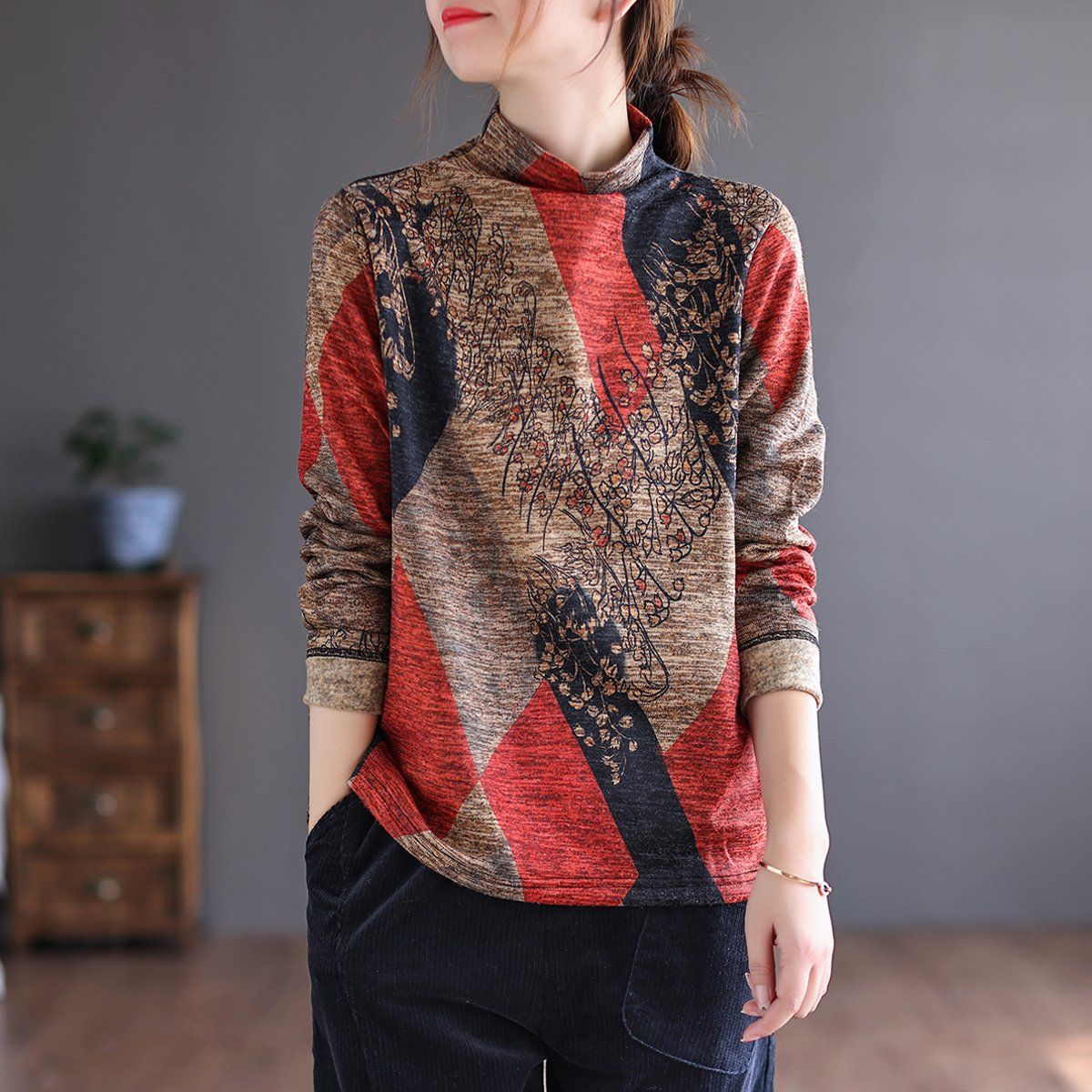 Autumn Winter Retro Patchwork Brushed Sweater