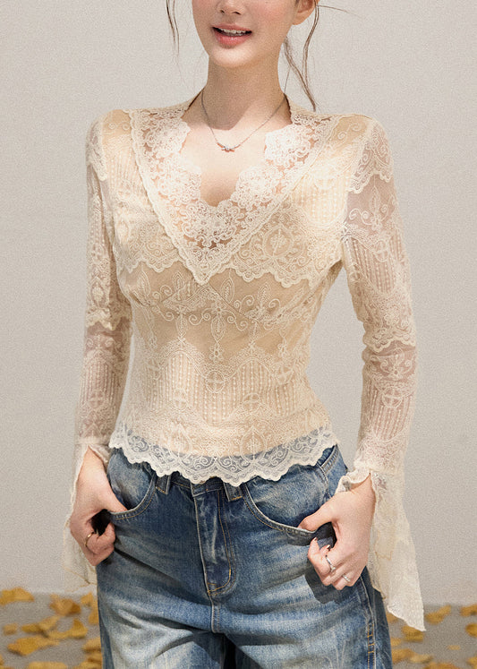 Sexy Beige V Neck Patchwork Lace Shirt Flare Sleeve