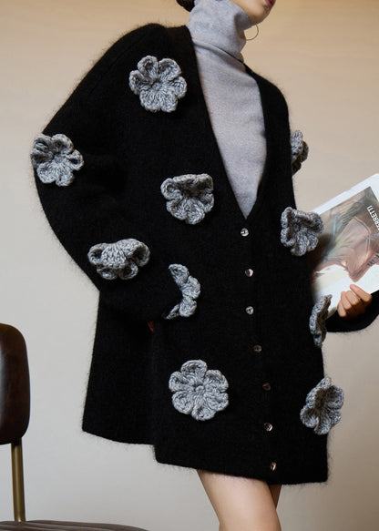 Boutique Black V Neck Floral Button Knit Cardigans Fall