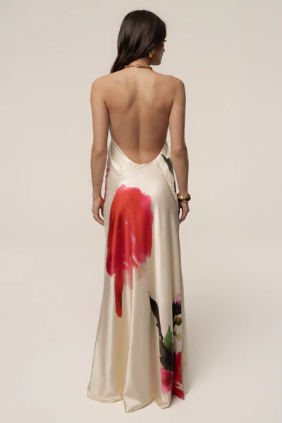 Halter Open-Back Watercolor Print Satin Maxi Dress