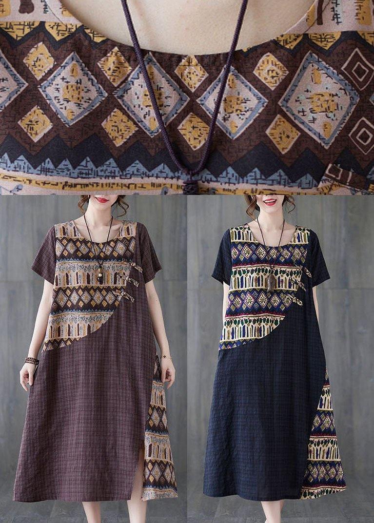 Women Chocolate Patchwork Print Oriental Party Summer Cotton Dress