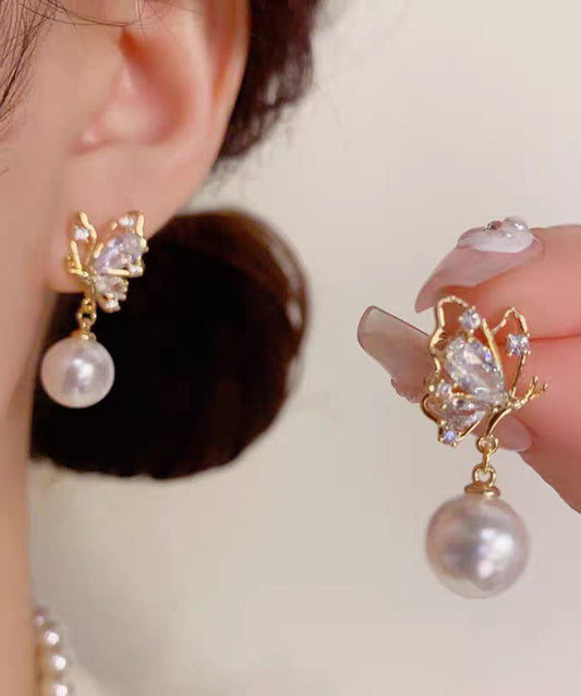 Fashion Gold Copper Overgild Zircon Pearl Butterfly Drop Earrings