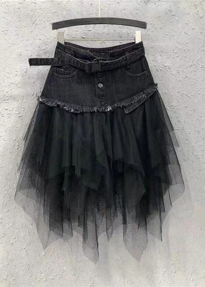 Style Blue Asymmetrical Tulle Patchwork Denim Skirts Summer
