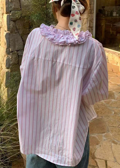 Cute Pink V Neck Ruffled Striped Shirts Spring