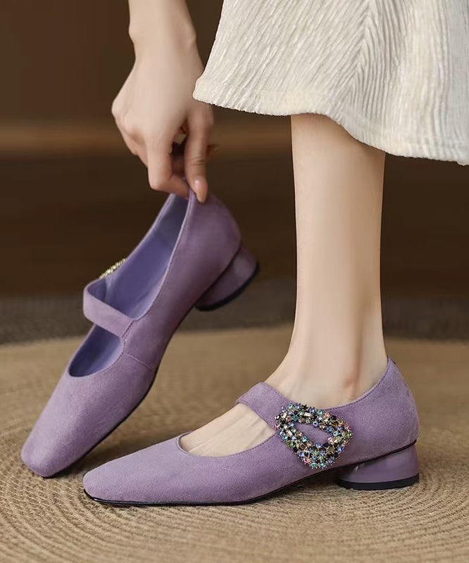 Blue Zircon Buckle Strap Splicing Suede Chunky Shoes