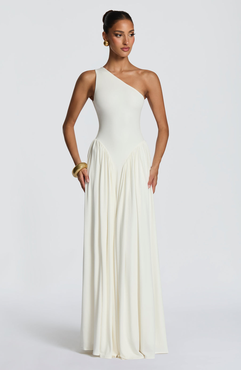 Blush Pink One-Shoulder Pleated Maxi Gown
