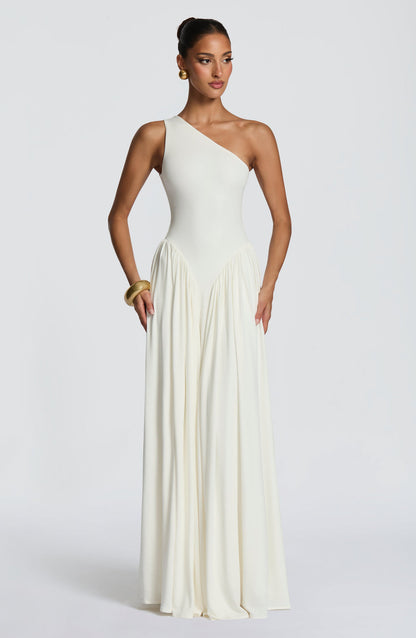 Blush Pink One-Shoulder Pleated Maxi Gown