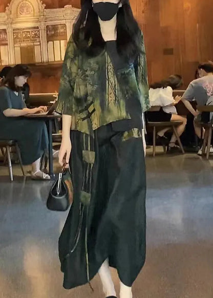 Fashion Blackish Green Asymmetrical Design Print Tops And Skirts Silk Two Pieces Set Summer