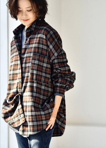 Stylish Black Coffee Plaid Peter Pan Collar Low High Design Cotton Shirt Long Sleeve