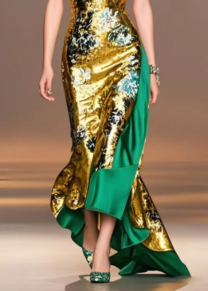 Elegant Golden Print Asymmetrical Exra Large Hem Vestidos Dress Summer