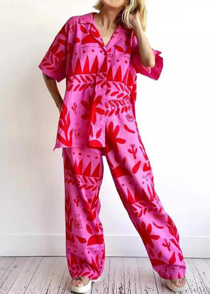 Plus Size Rose Print Shirts And Wide Leg Pants Two Pieces Set Short Sleeve