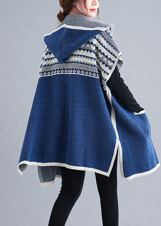 French Blue hooded Casual side open Short Sleeve Fall Knit sweaters Coat/Ships 30 Days