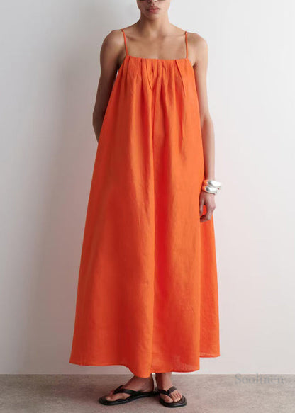 Bohemian Orange Oversized Linen Spaghetti Strap Dress Summer