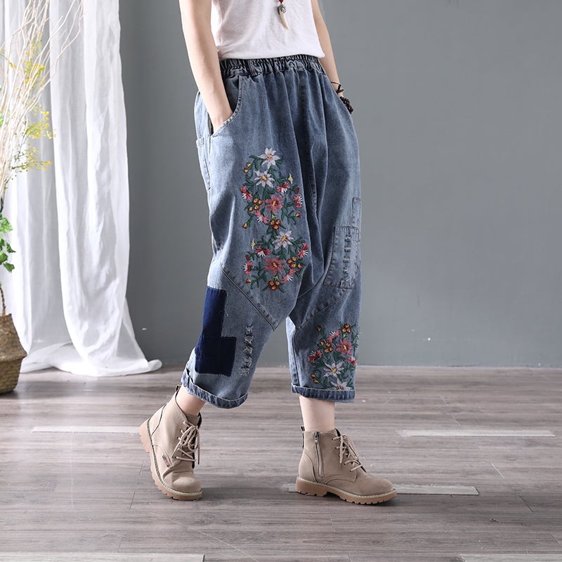 Denim Floral Pocket Low Drop Crotch Embroidered Jeans