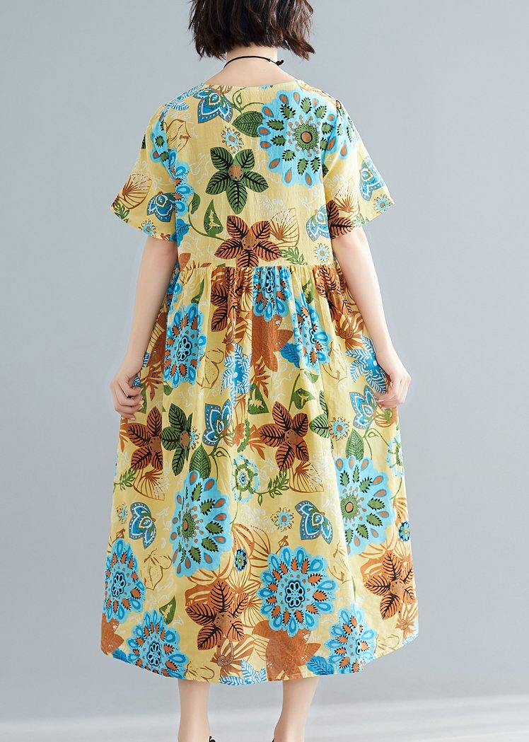 DIY yellow print cotton Tunics o neck patchwork Plus Size summer Dress