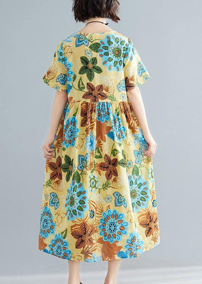 DIY yellow print cotton Tunics o neck patchwork Plus Size summer Dress