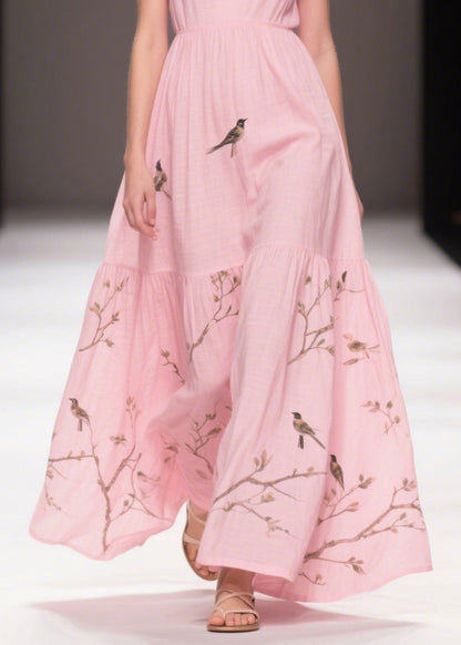 Elegant Pink Print Cotton Holiday Dress Butterfly Sleeve