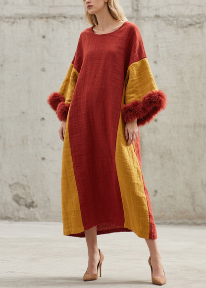 Chic Colorblock O Neck Fuzzy Fur Patchwork Cotton Long Dresses Fall