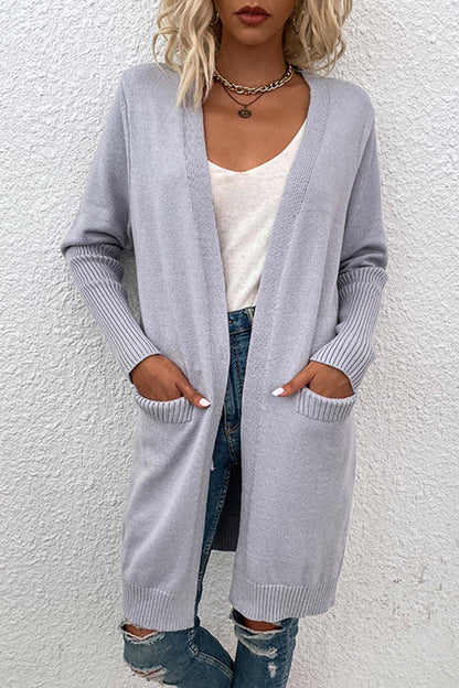 Mid-Length Solid Color Pocket Knit Cardigan