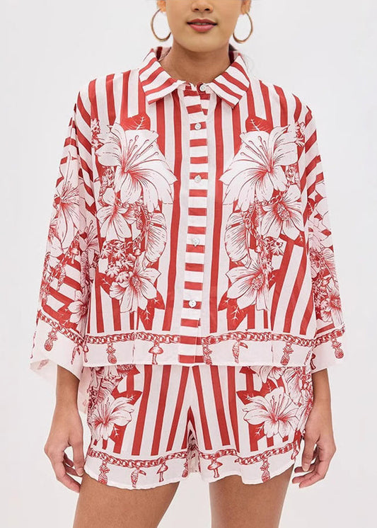 Loose Red Peter Pan Collar Print Sets 2 Pieces Summer