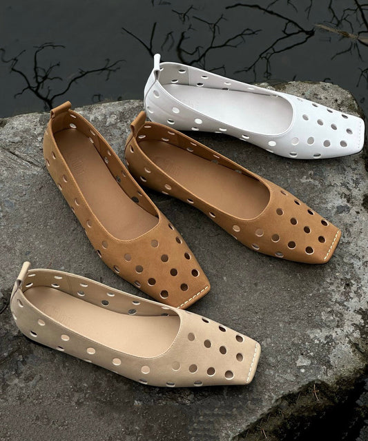 Classy Splicing Flat Shoes Brown Sheepskin Hollow Out