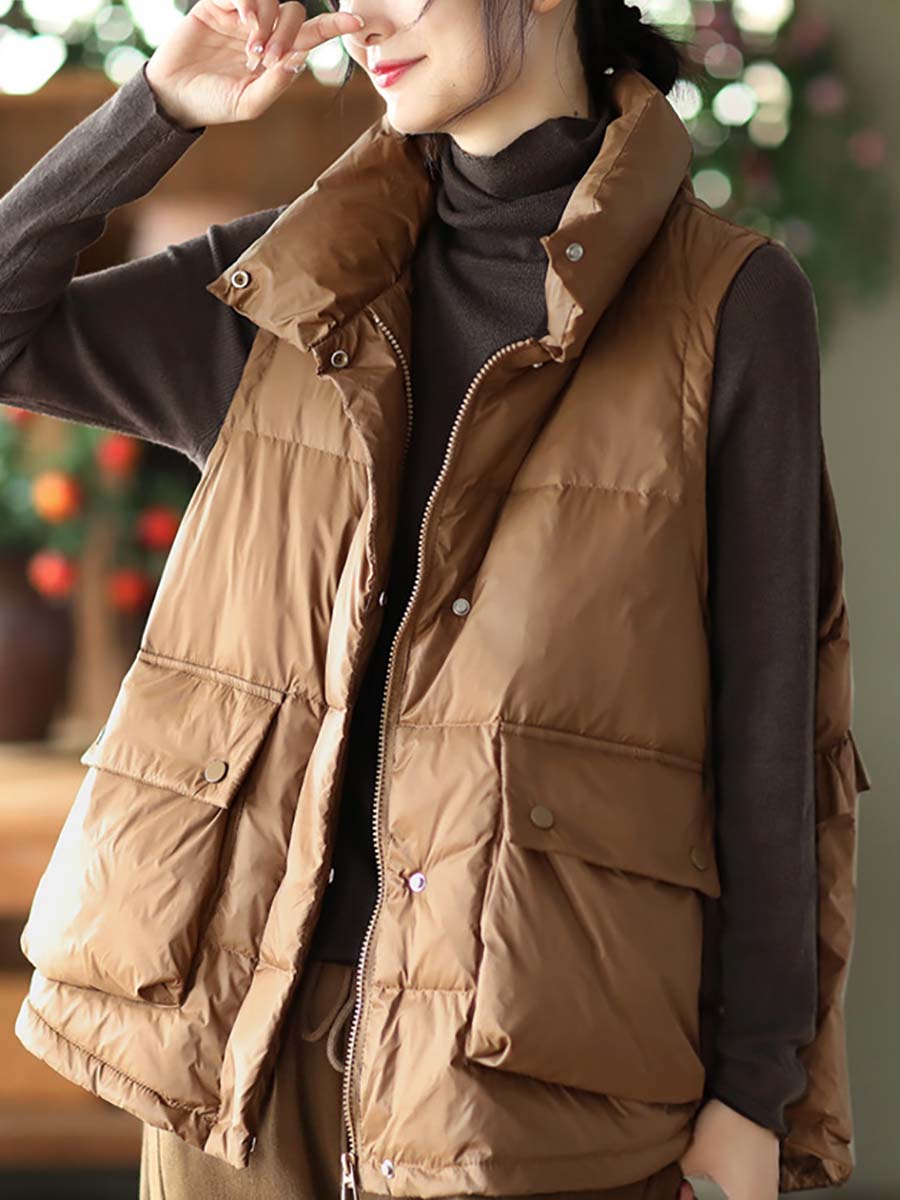 Women Casual Agaric Lace Button Pocket Down Vest