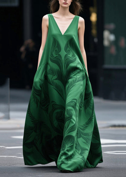 Plus Size Tea Green Oversized Print Chiffon Holiday Dress Sleeveless