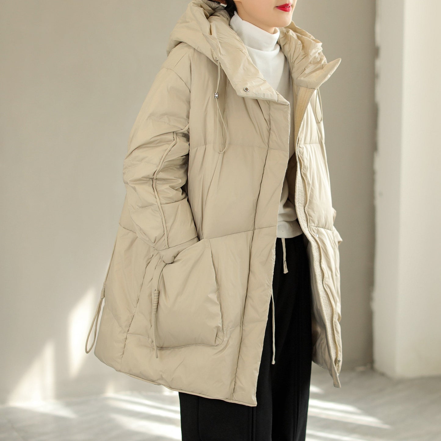 Women Fashion Hooded Lacing Loose Down Coat