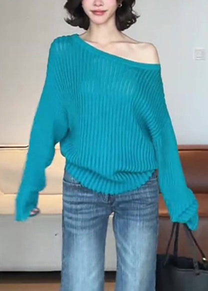Chic Blue One Shoulder Striped Hollow Out Solid Cotton Knit Sweater Fall