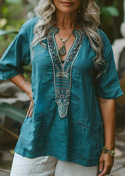 Women-Blue-V-Neck-Print-Pockets-Plus-Size-Cotton-Top-Summer