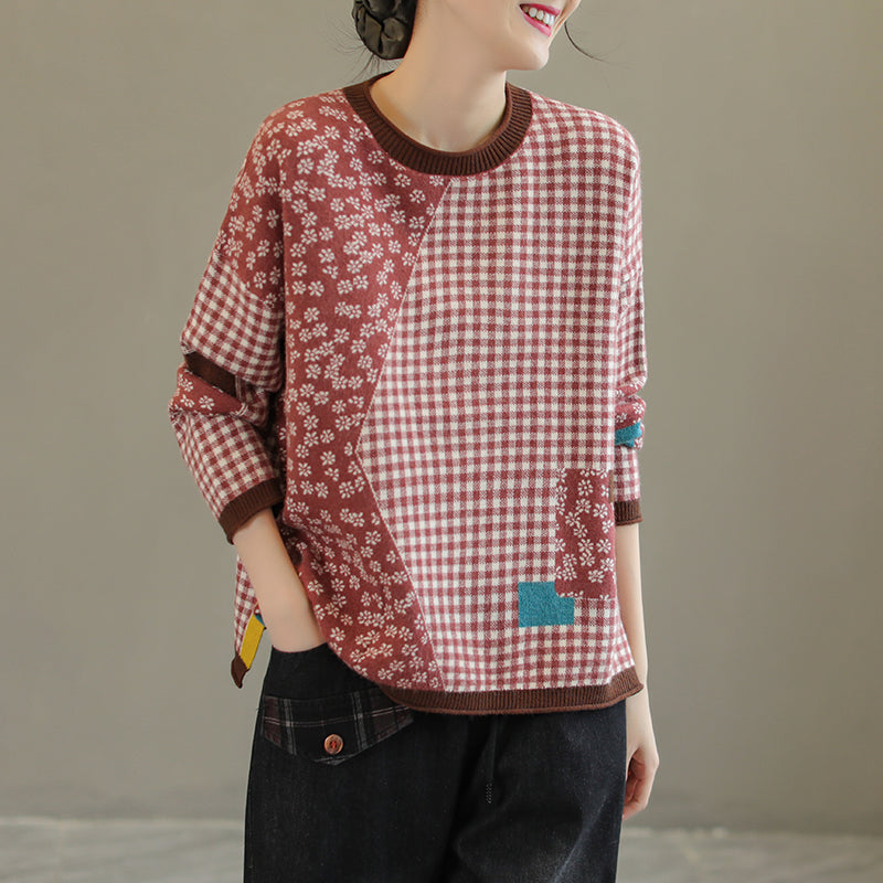 Women Retro Floral Plaid Knitted Sweater