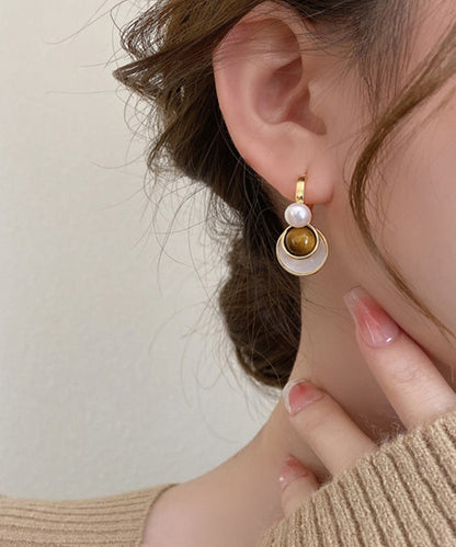 2025 New Brown Copper Overgild Tiger Eye Stone Shell Glass Hoop Earrings