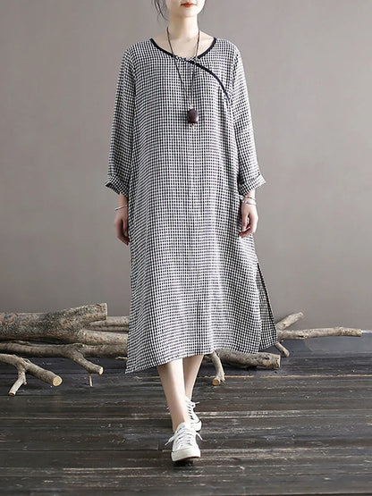 Women Spring National Vintage Plaid Split Hem Dress