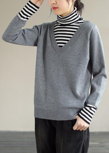 Pullover Light Gray Sweater Tops Patchwork High Neck Plus Size  Knit Sweat Tops
