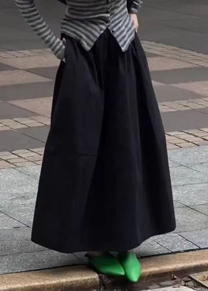 Art Black Pockets Elastic Waist Solid Cotton Skirt Fall