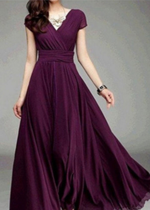 Unique Mulberry V Neck Chiffon Long Dresses Summer
