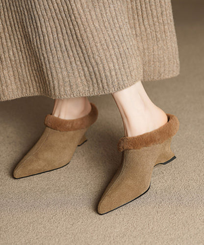 2025 Splicing Wedge Slippers Shoes Black Suede Fuzzy Wool Lined