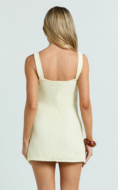 Sienna Mini Dress - Square Neck Floral Embroidered A Line Dress In Lemon