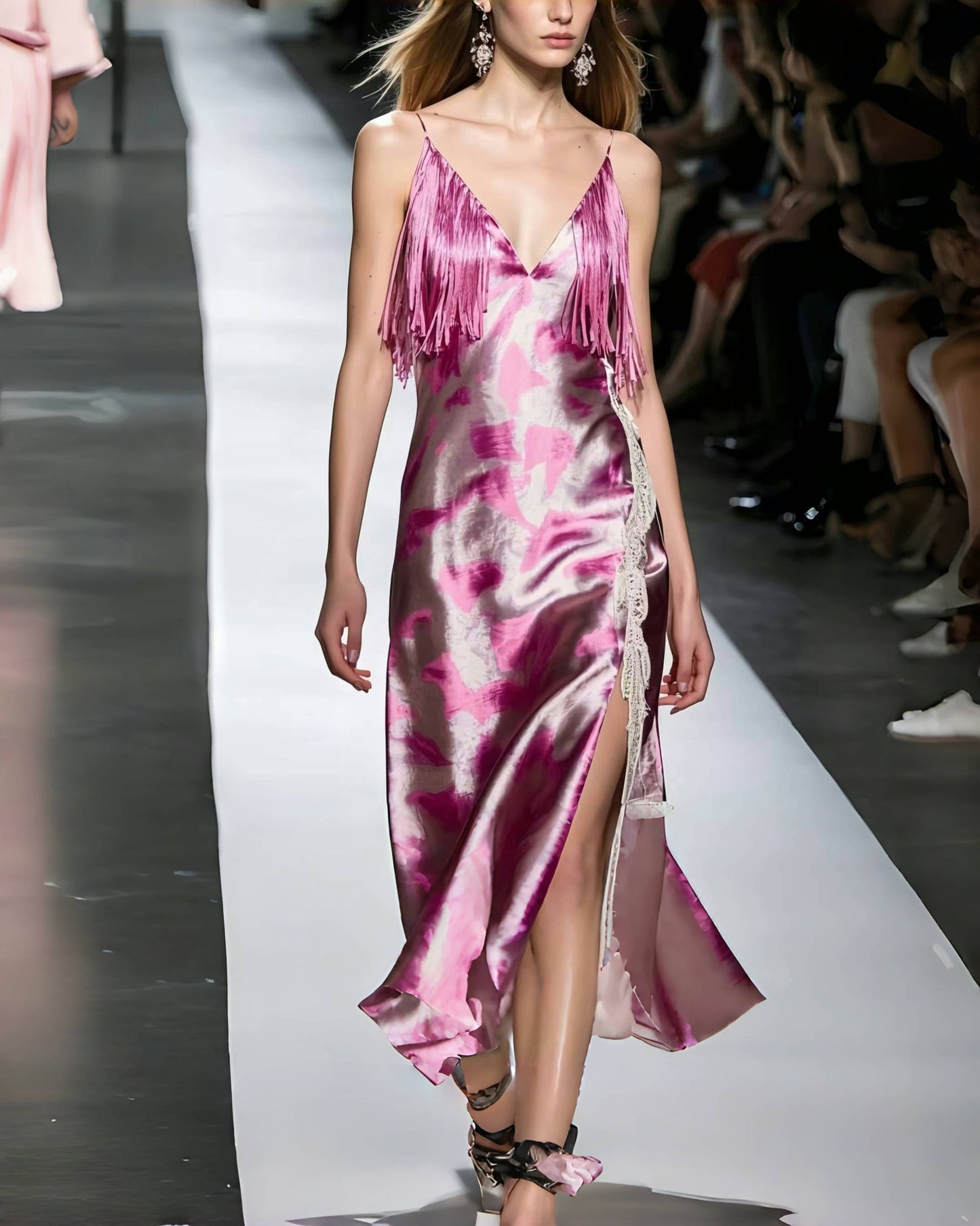 DIY Rose Tasseled Tie Dye Silk Mini Dress Summer
