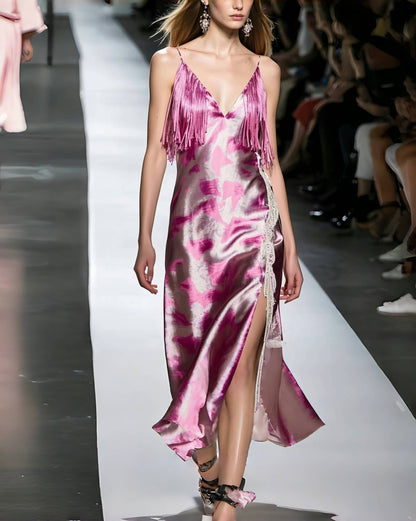DIY Rose Tasseled Tie Dye Silk Mini Dress Summer